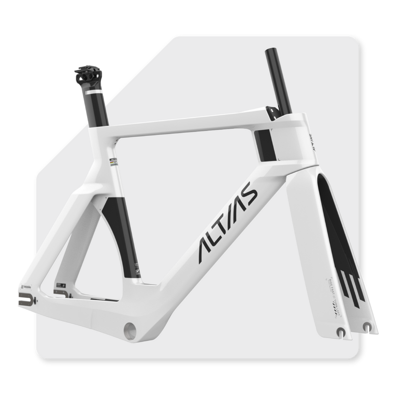White bicycle frame with black accents on a white background, featuring the brand 'ALTAS'.